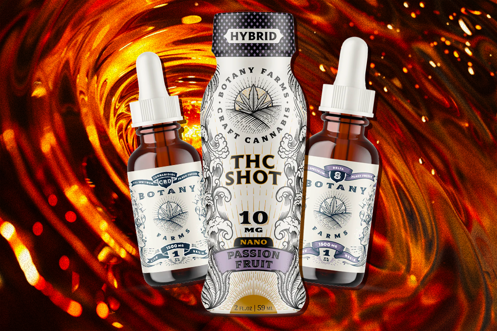 Botany Farms THC SHOT Passion Fruit flavor bottle & two tinctures placed on reddish liquid background