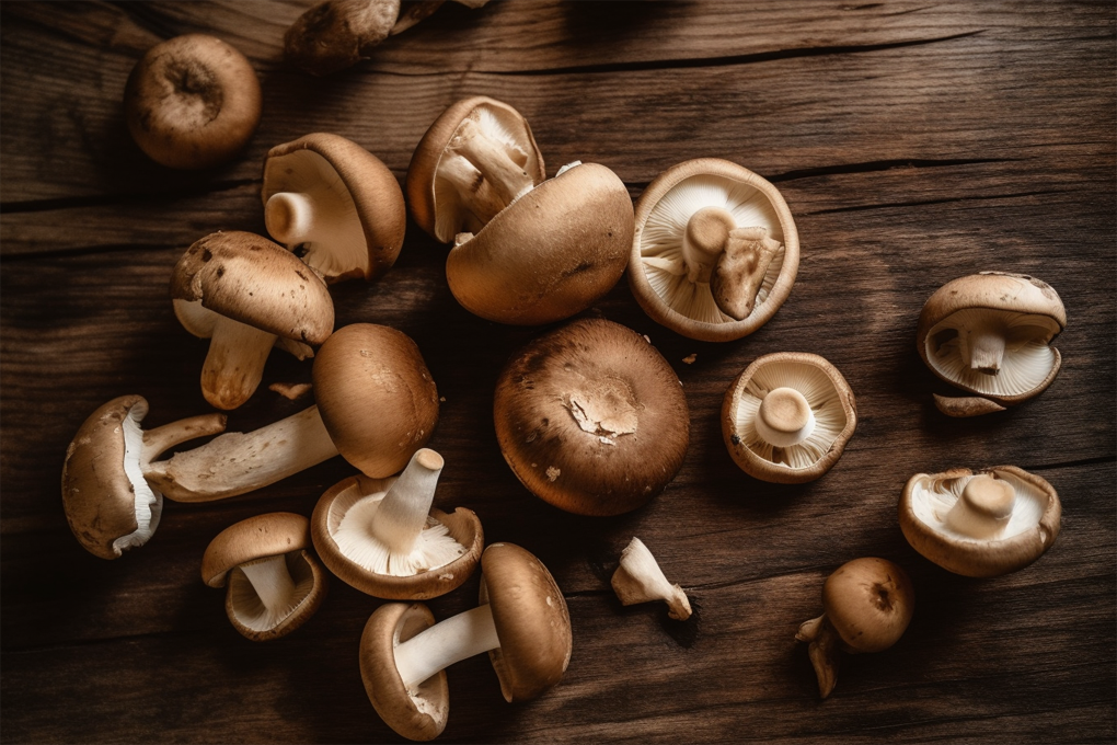 Some mushrooms placed on a wooden surface