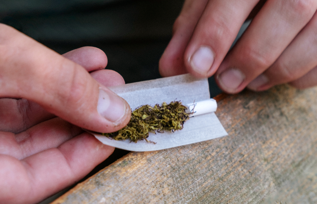 Man rolling a joint with tobacco paper and marijuana, preparing cannabis joint