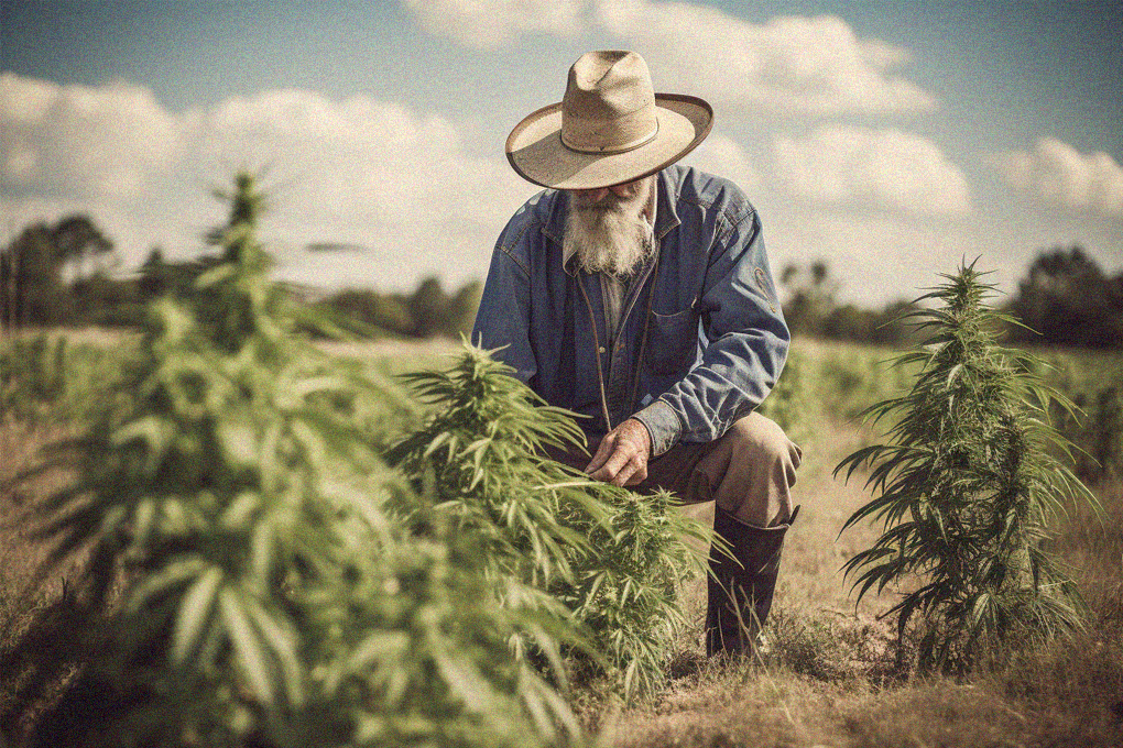 Old man with hat and long beard in field, gazing at Cannabis tree under daylight, against blue sky