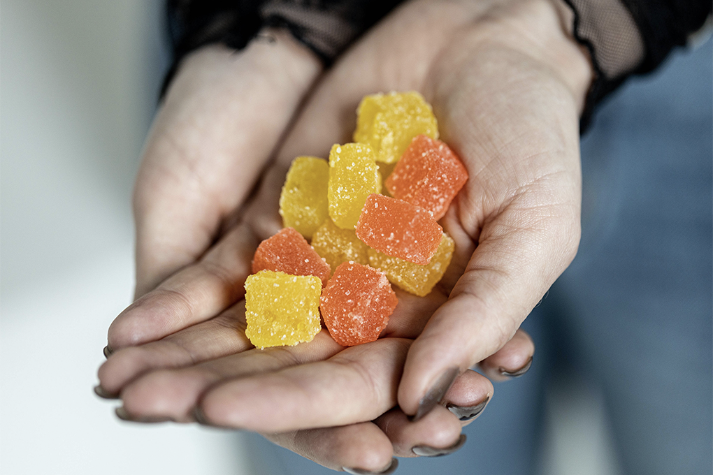 A close up shot of cupped hands holding a bunch of yellow and orange, cube shaped, CBD gummies.