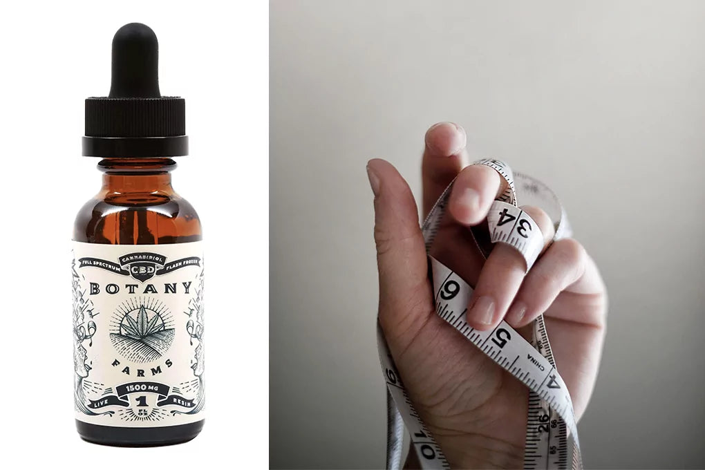 The screen is split in two. One the left side is an image of Botany Farms CBD tincture. On the right side is a hand that holds a measuring tape. The image is meant to convey CBD for weight loss.