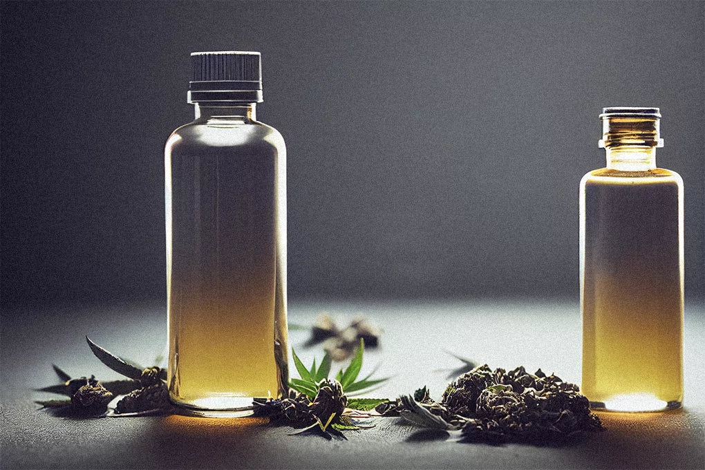 Two glass bottes of CBD tincture sit on a dimly lit surface among cannabis flower.