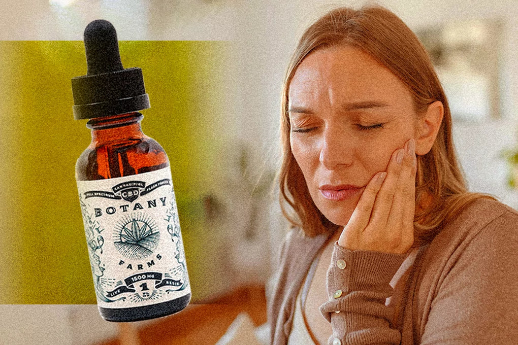 A picture of a Live Resin CBD + THC Tincture (1500mg) next to a woman sitting with her hands on her cheeks and eyes closed