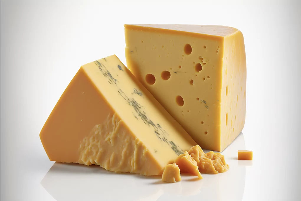 Two blocks of cheddar cheese sit against a white background.