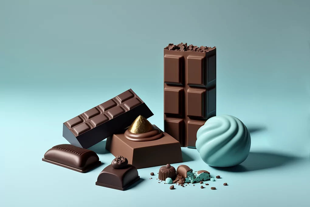 An A.I. generated image of an assortment of chocolate against a blue background.