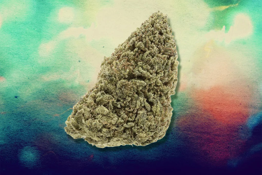 a cannabis bud floats in front of a multicolored tie dye background representing the best delta 8 strains for euphoria
