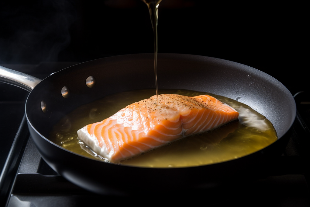 A fish in a frying pan on a gas oven, ready to fry, with oil being poured into the pan