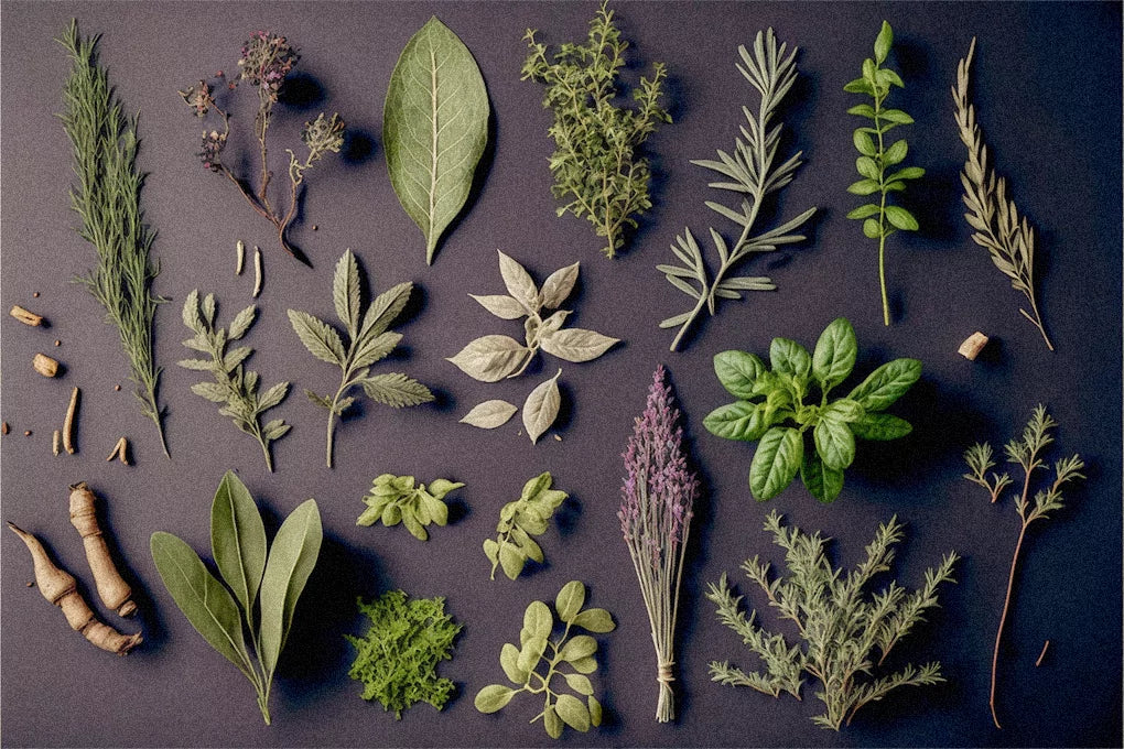 A wide variety of the best herbs to mix with weed lay displayed on a black surface.