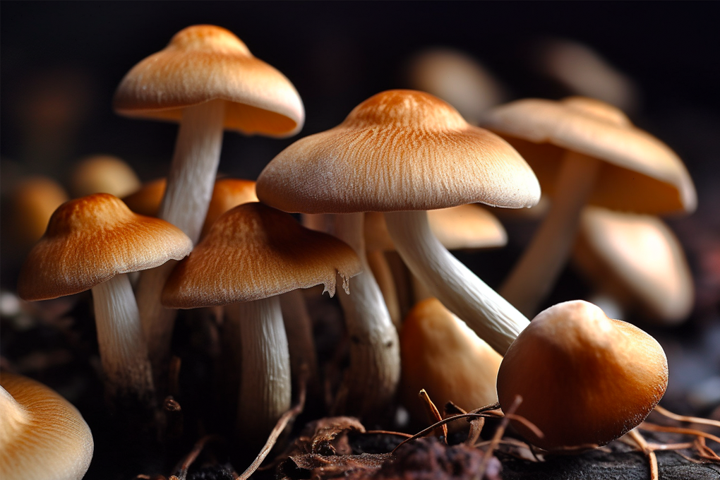 A group of brown mushrooms growing on the ground