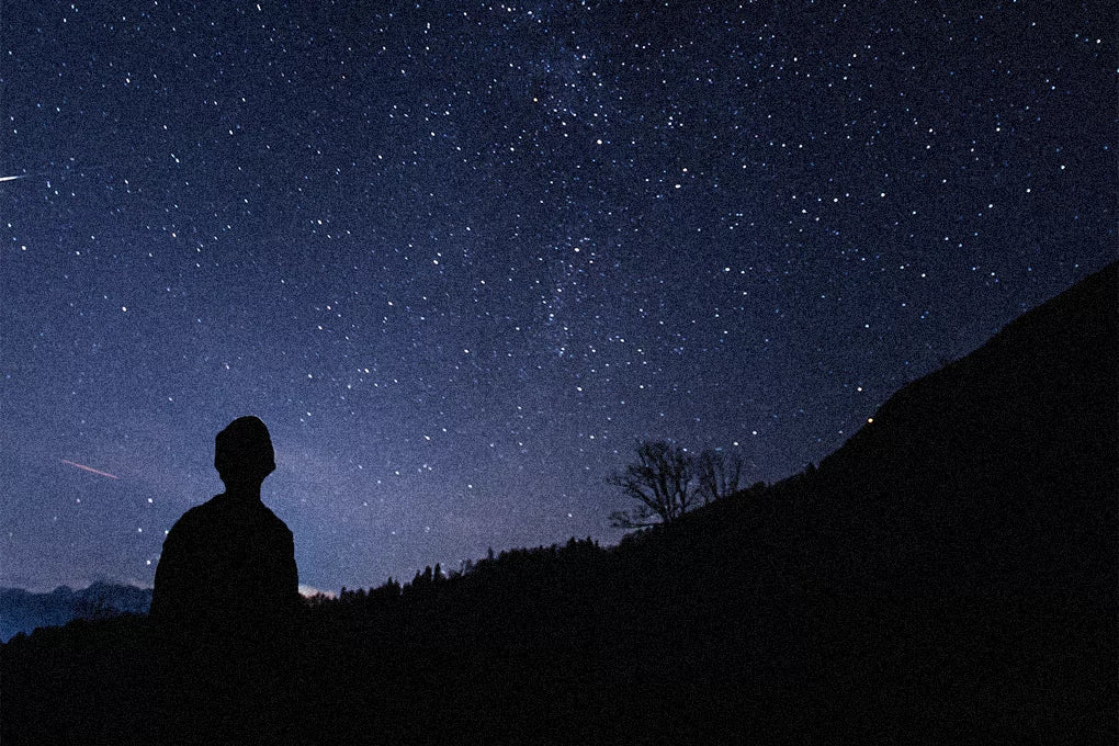 A silhouette of a person looking up at the stars in the night sky.