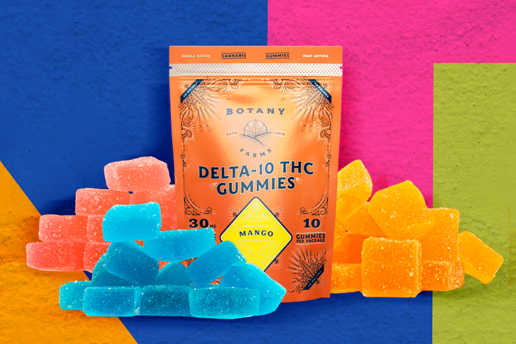 Sativa gummies on a colorful background