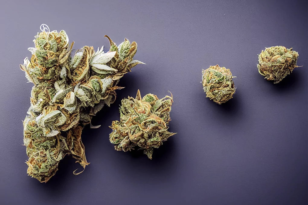 An A I generated image of cannabis buds strewn across a foggy purple backdrop.