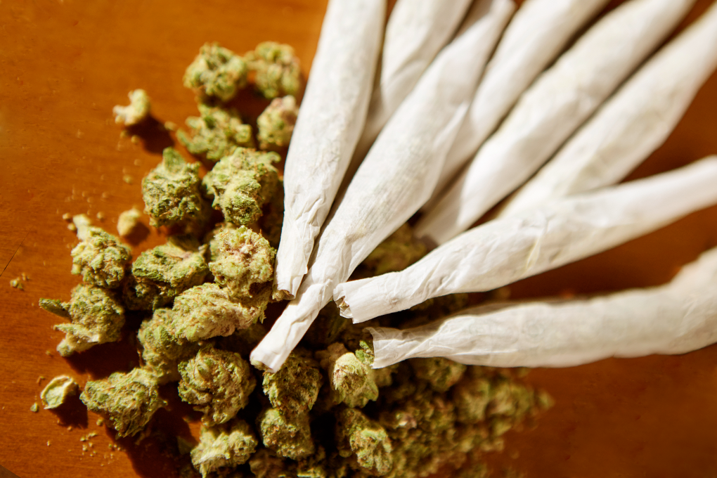 Eight joints sit on top of a pile of cannabis buds against a brown background. 