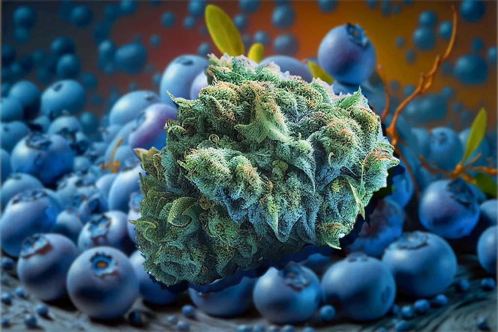 An A.I. generated image of a bud of blueberry diesel strain exploding into a bunch of blueberries.