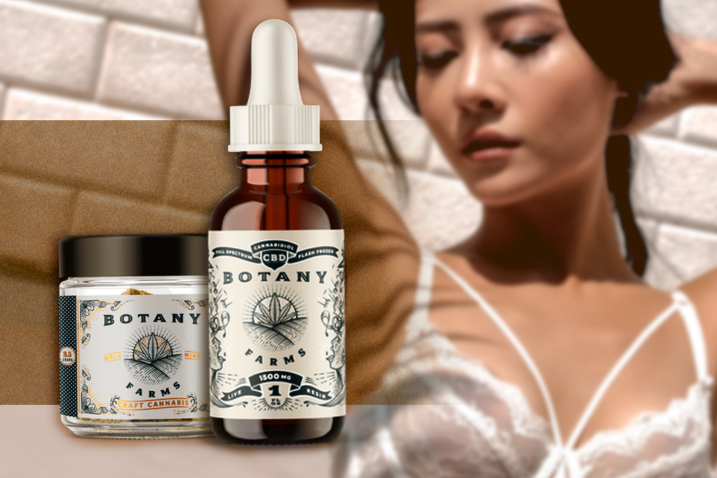 A picture of a woman standing in a relaxed mood, with a Botany Farms tincture placed in front of her