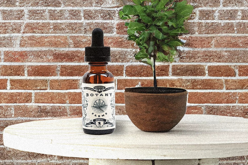A dropper bottle of Botany Farms CBD oil sits on a white table next to a potted plant with a red brick wall in the background.