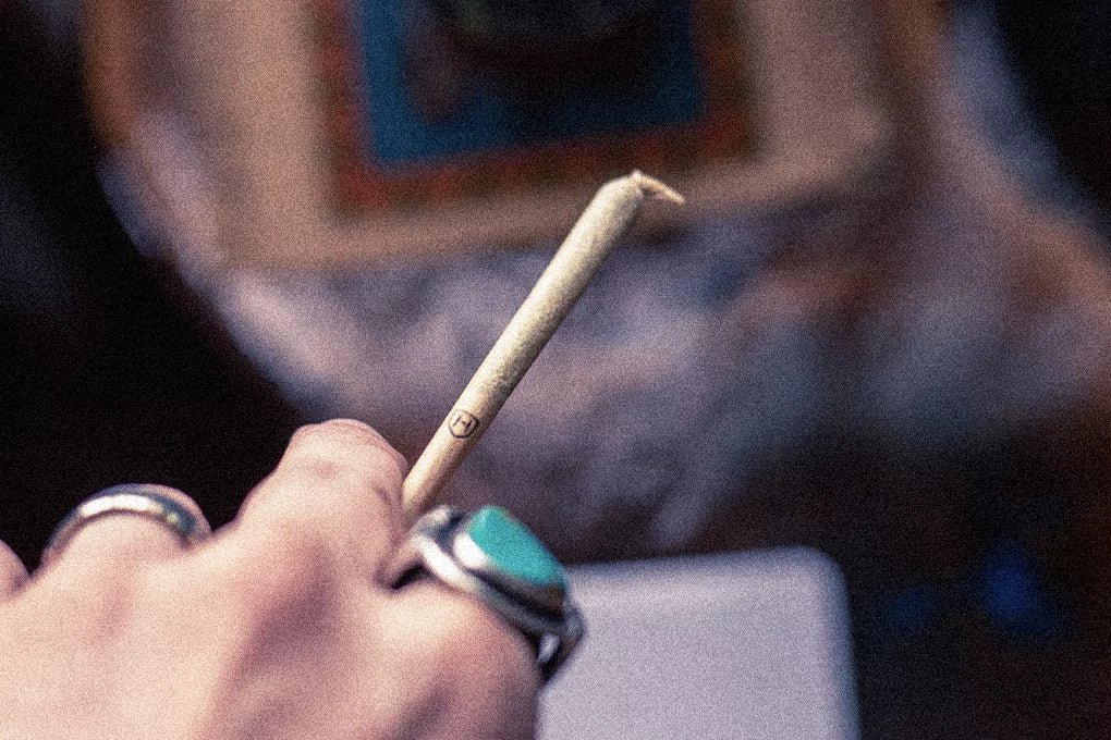 A close up of a hand holding a CBD pre-roll joint.