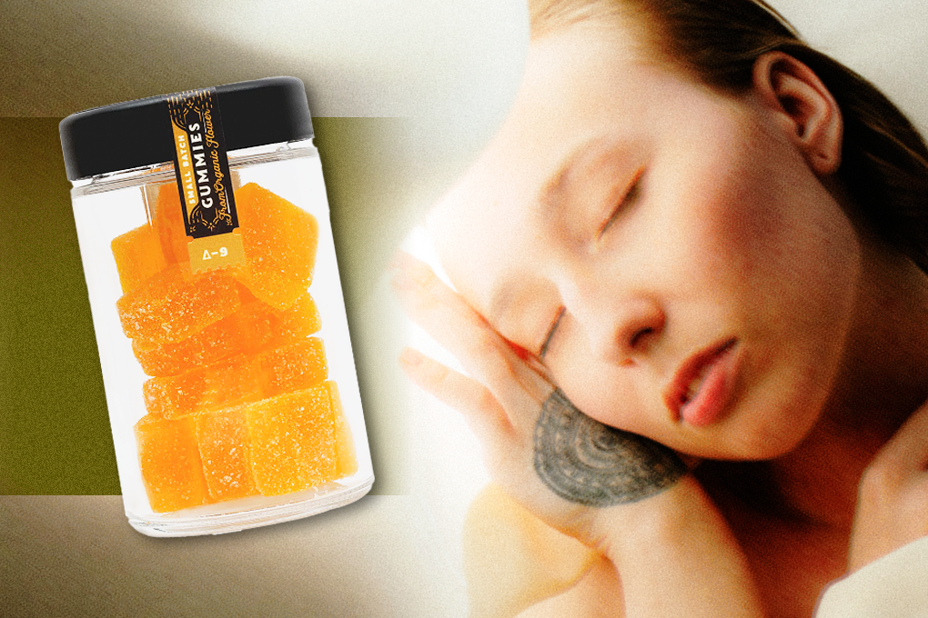On the right side, a woman sleeping with her head placed on her hand. On the left side, a bottle of Delta-9 gummies is floating