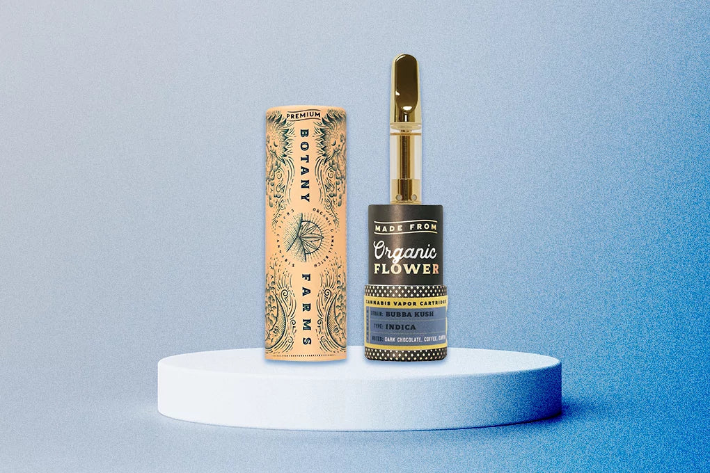 Botany Farms Bubba Kush HHC Vape Cartridge on a white podium