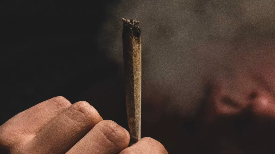 A man's hand holds a joint, its ember glowing in the night