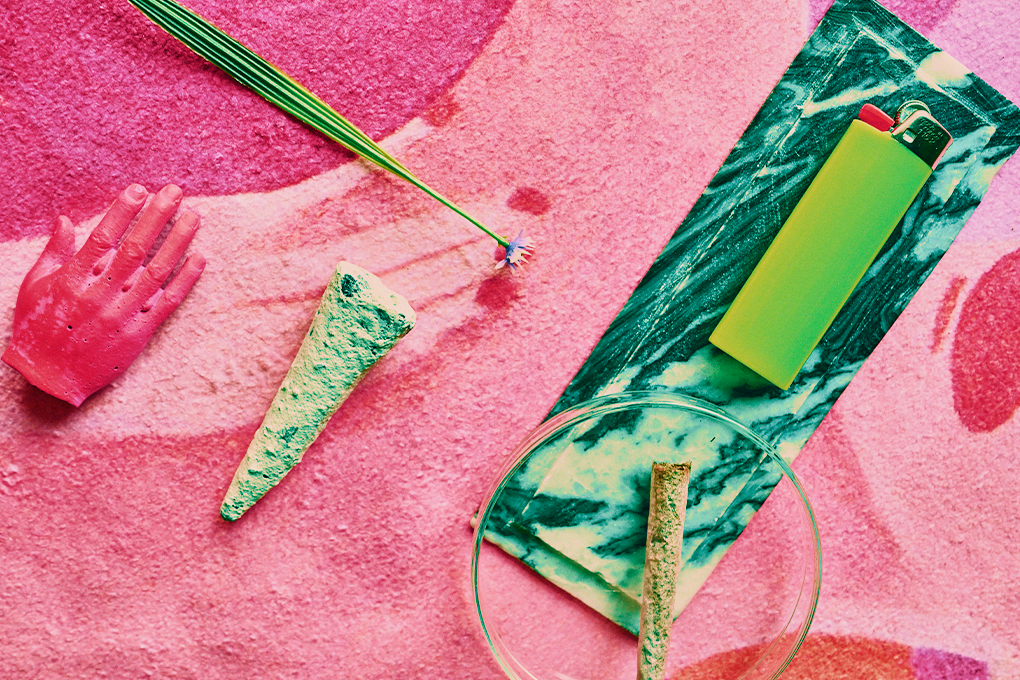 A green vape cartridge, a joint, a pink hand paw, and a brush arranged neatly on a pink surface