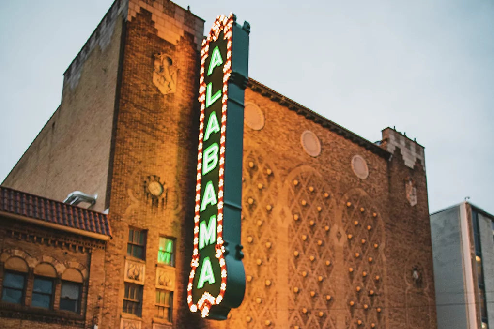 An exterior shot of the Alabama Theater in Birmingham Alabama.