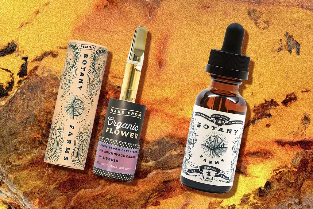 A lineup of Botany Farms distillate and live resin products sits against a live resin backdrop