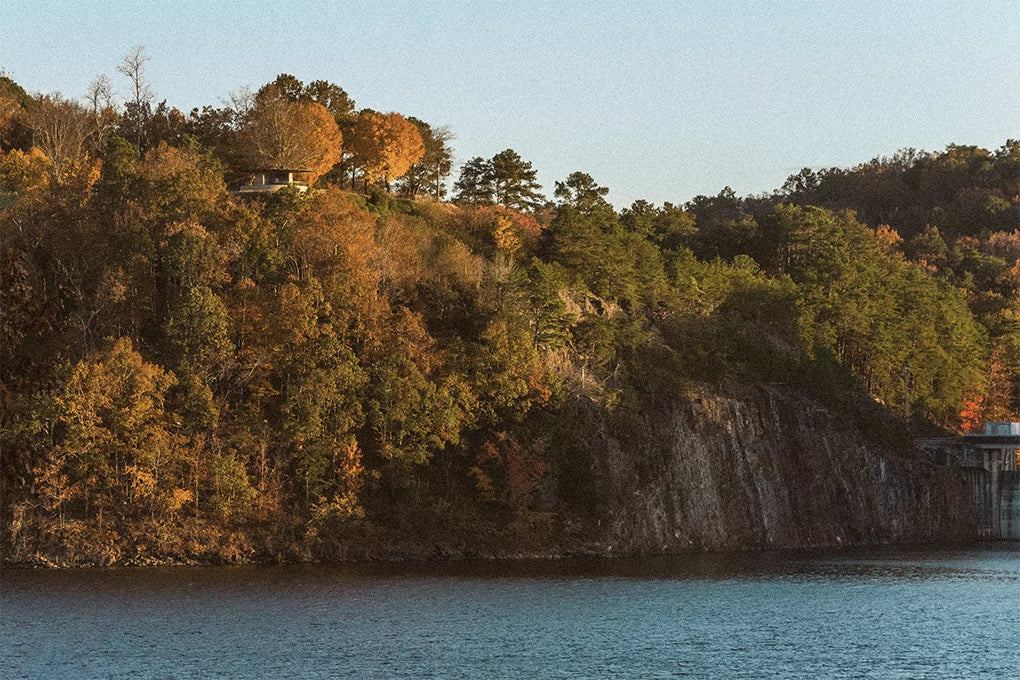 A serene lake nestled beside a forested mountain, with a small resting place atop the hill, all bathed in the light of day
