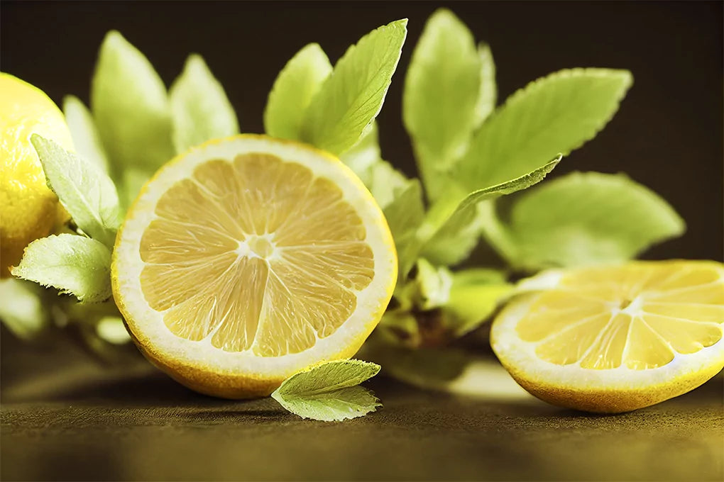 A close up of a lemon cut in half sitting on a surface among lemon leaves.