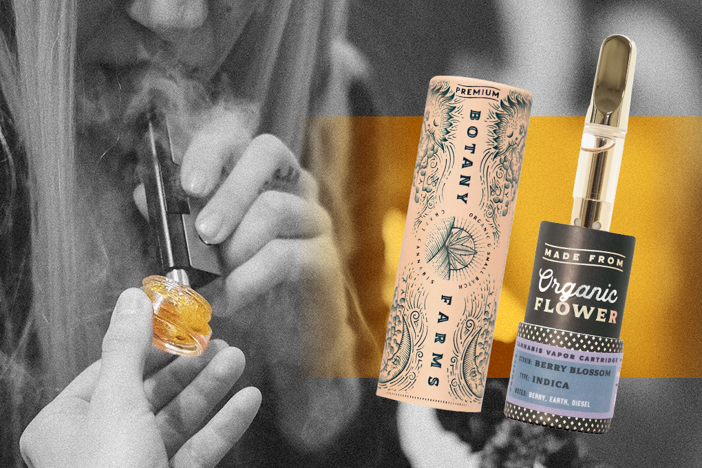 A black and white photograph of a woman smoking a cartridge, juxtaposed with a photo of a Botany Farms premium organic flower cannabis vapor cartridge