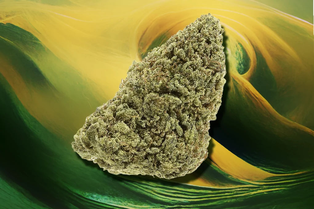 A bud of sour punch strain cannabis floats against a green and yellow spiral background.