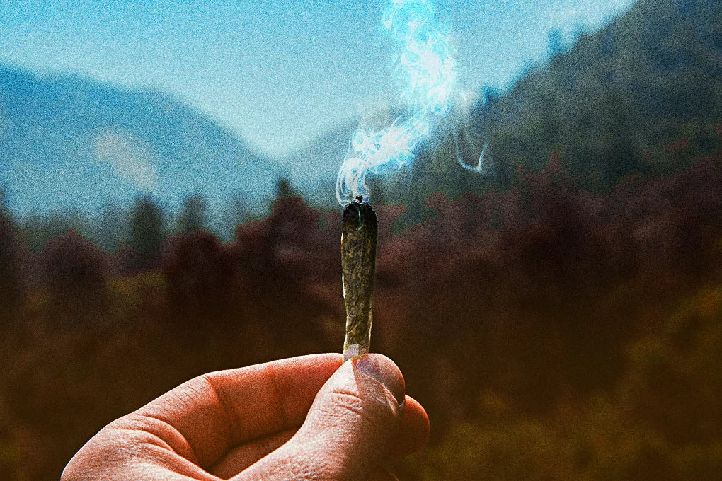 A man is holding a lit joint in his hand while standing in a mountain valley