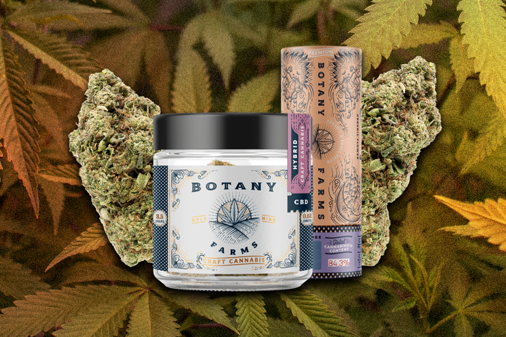 Botany Farms Craft Cannabis, vape cartridge and cannabis weed on Marijuana plant background