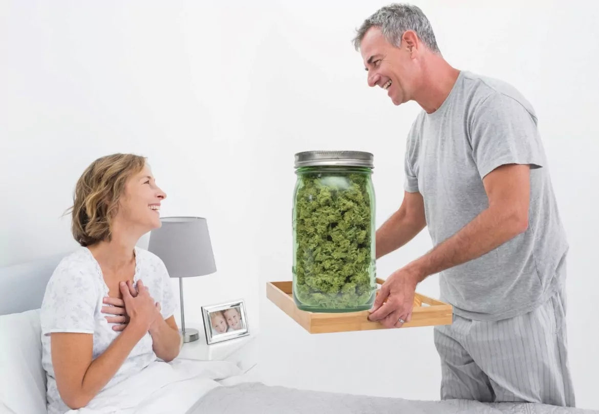 A husband gives his wife a massive jar of hemp flower
