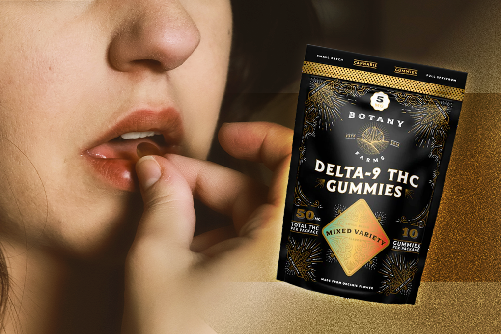 Woman enjoying Botany Farms Delta-9 THC Gummies, assorted flavors, with a gummy in hand, about to savor the delicious treat