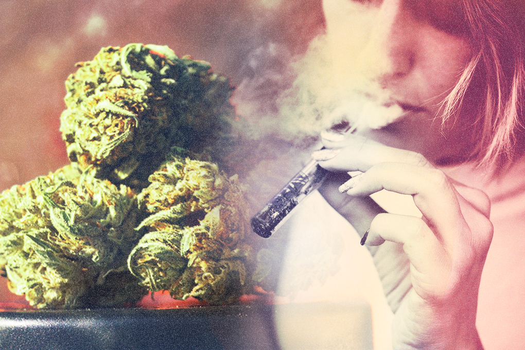 Three marijuana buds on black surface alongside a woman smoking a joint, exhaling smoke