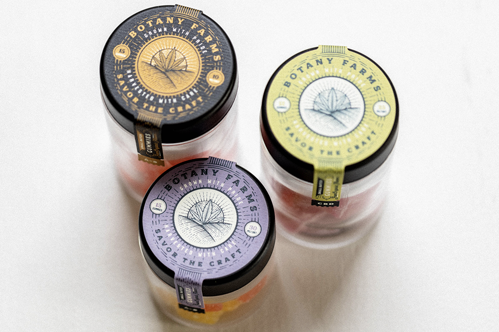 A top down view of three jars of hemp derrived Delta-9 THC gummies from Botany Farms.