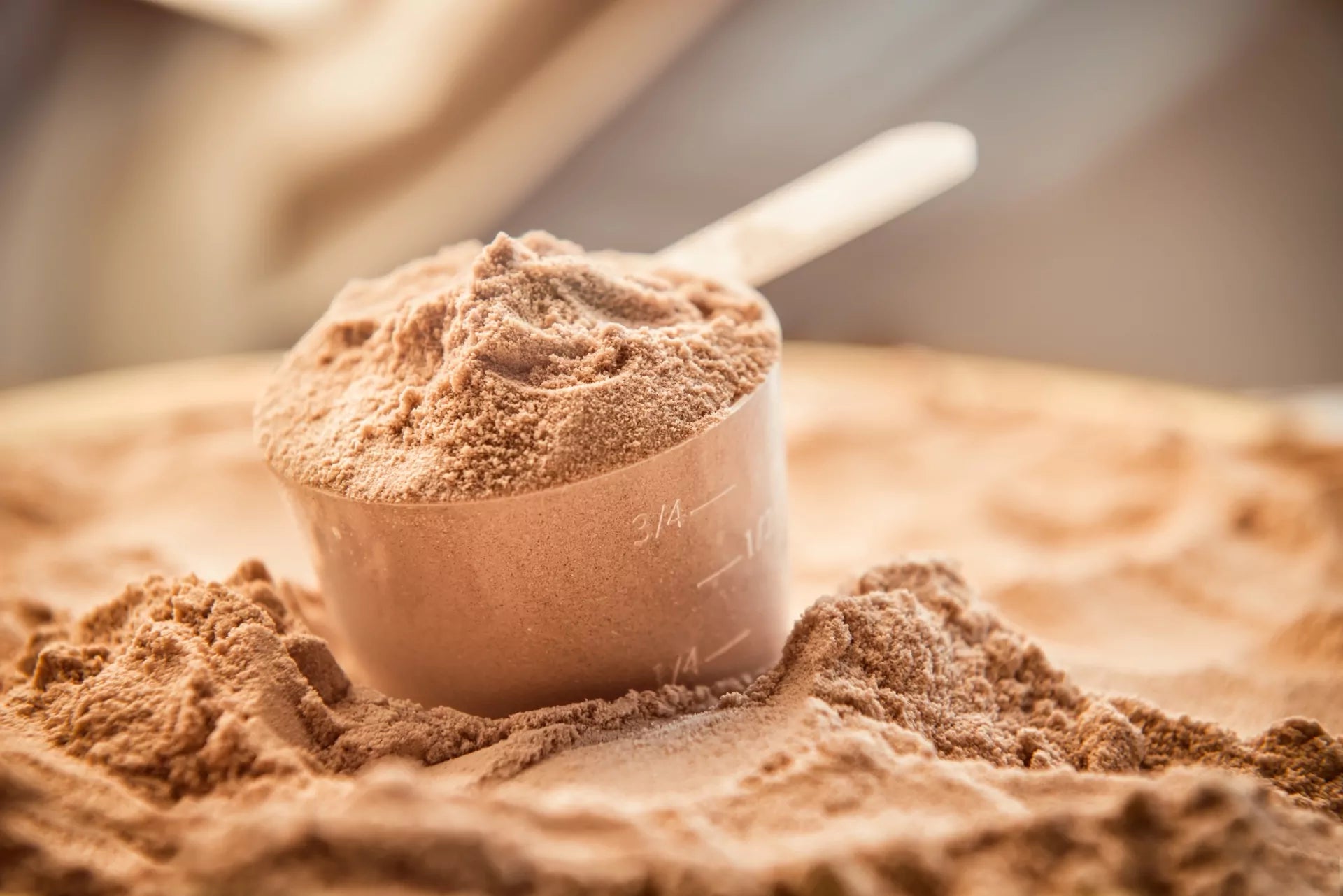 Hemp protein powder sits on a countertop