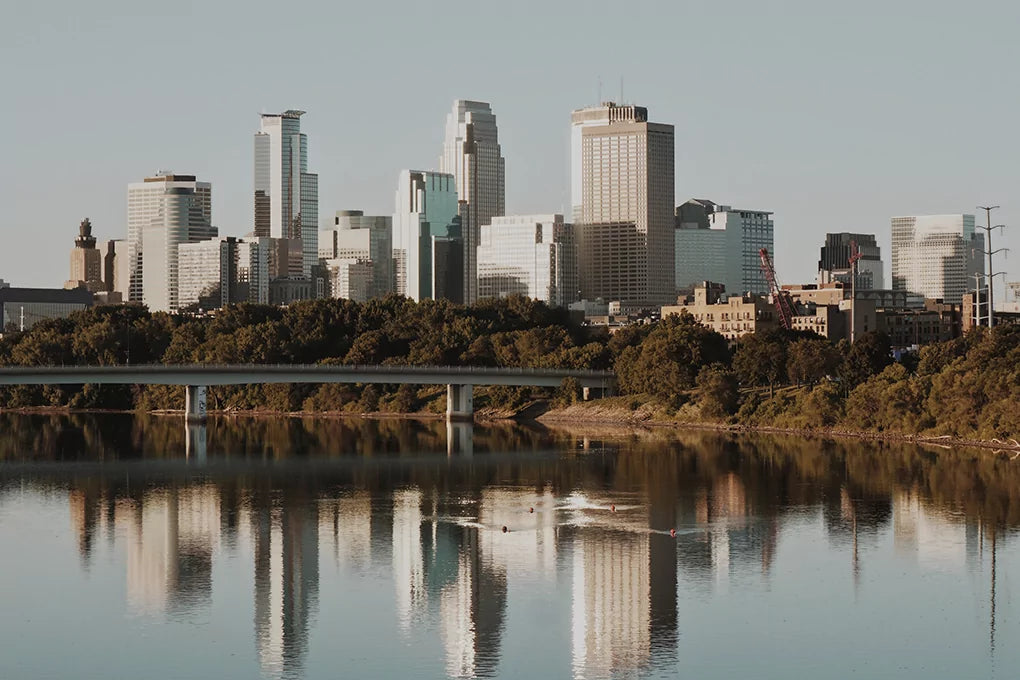 A view of the Minneapolis, Minnesota skyline from the Mississippi River