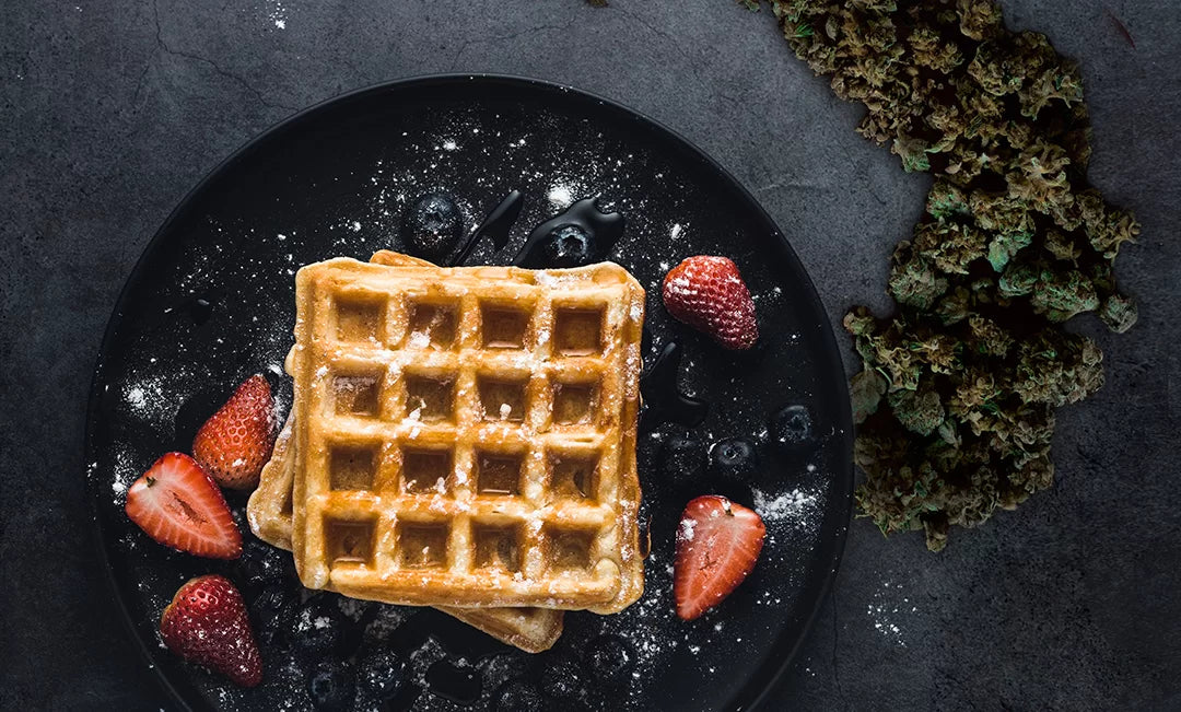 ERB hemp strain flower next to waffles and berries