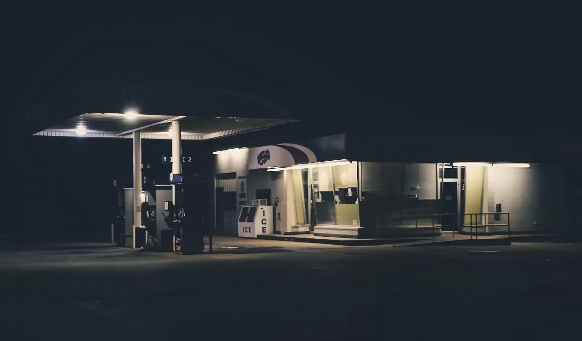 A gas station at night