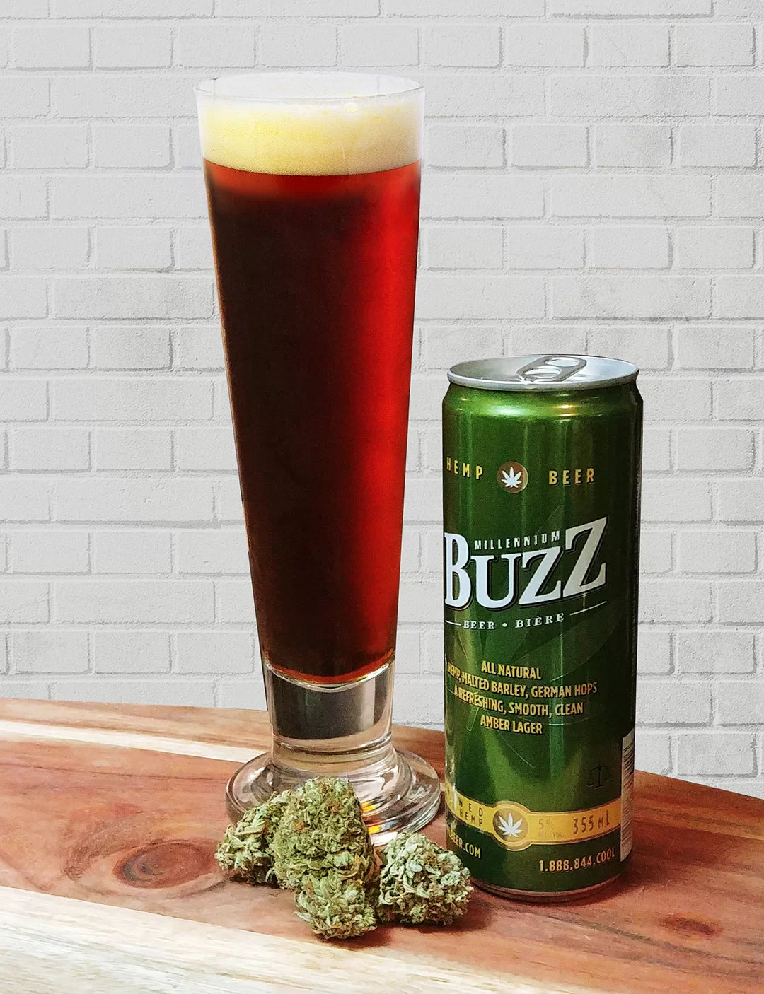 Hemp flower in front of a glass of Buzz hemp beer