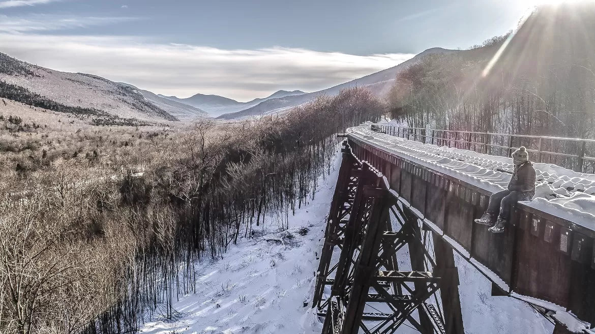 A snowy train bridge in New Hampshire