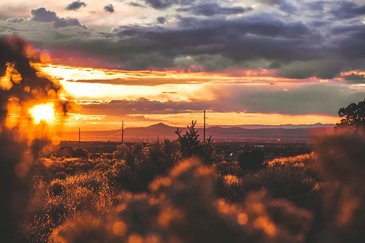 A beautiful sunrise near Santa Fe, New Mexico outside a hemp farm