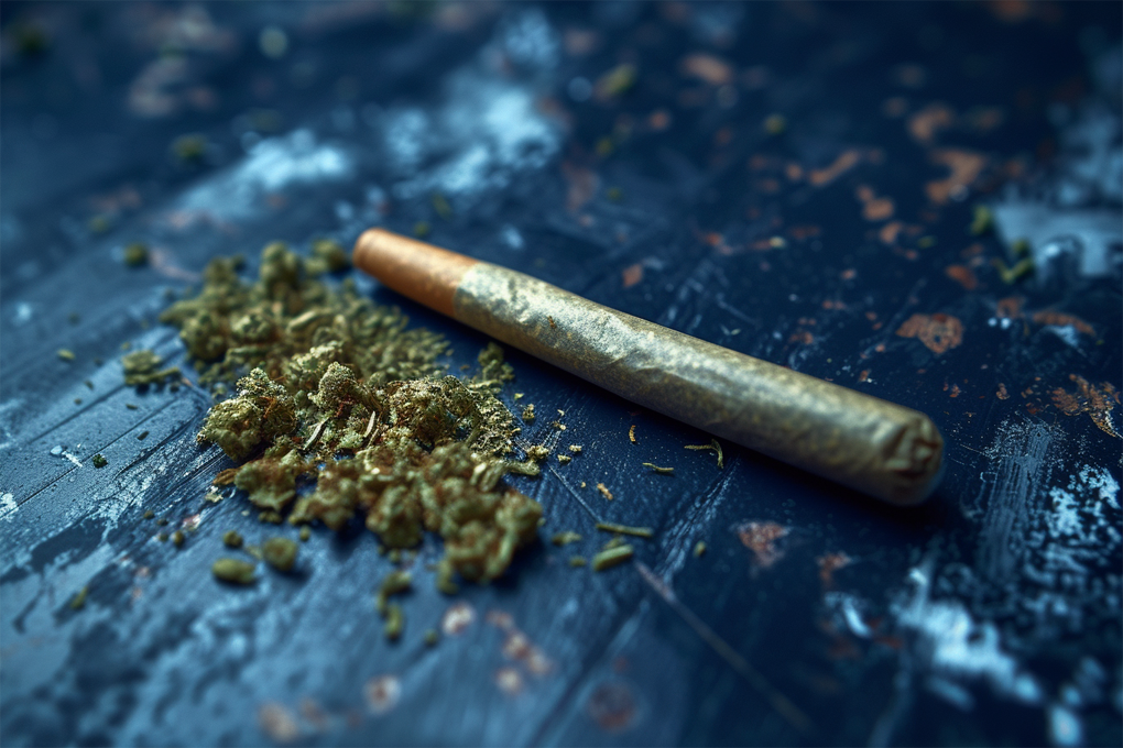 A cannabis joint and some green Kush are placed on a blue surface