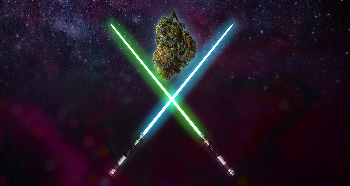 Two light sabers crossed over a nug of lightsaber strain cannabis