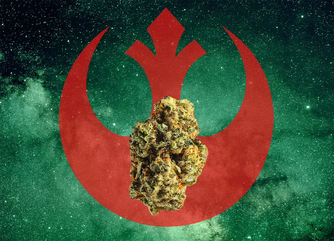 A wookie pebbles nug in front of the rebel alliance logo
