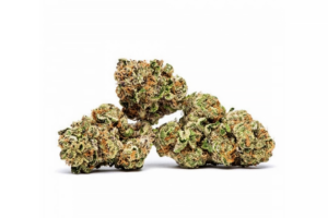 Three buds of lava cake strain cannabis piled on top of each other against a white backdrop.