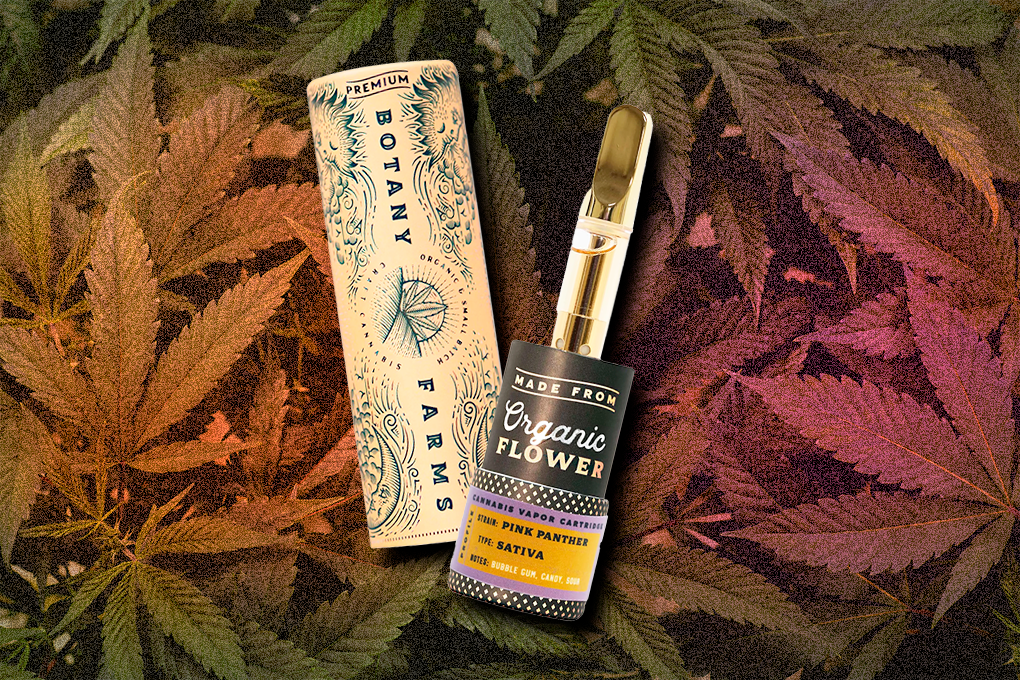 A Botany Farms organic Pink Panther Flower cartridge backdropped by a cannabis leaf background